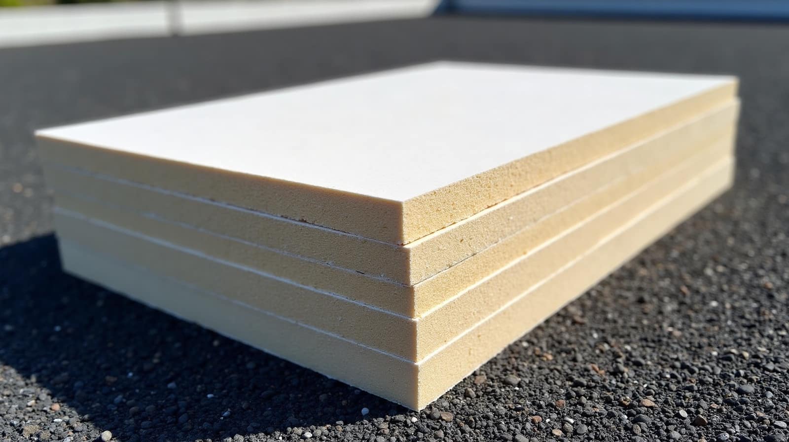 Pile de panneaux isolants épais posée sur une membrane bitumineuse, tranches et épaisseur visibles