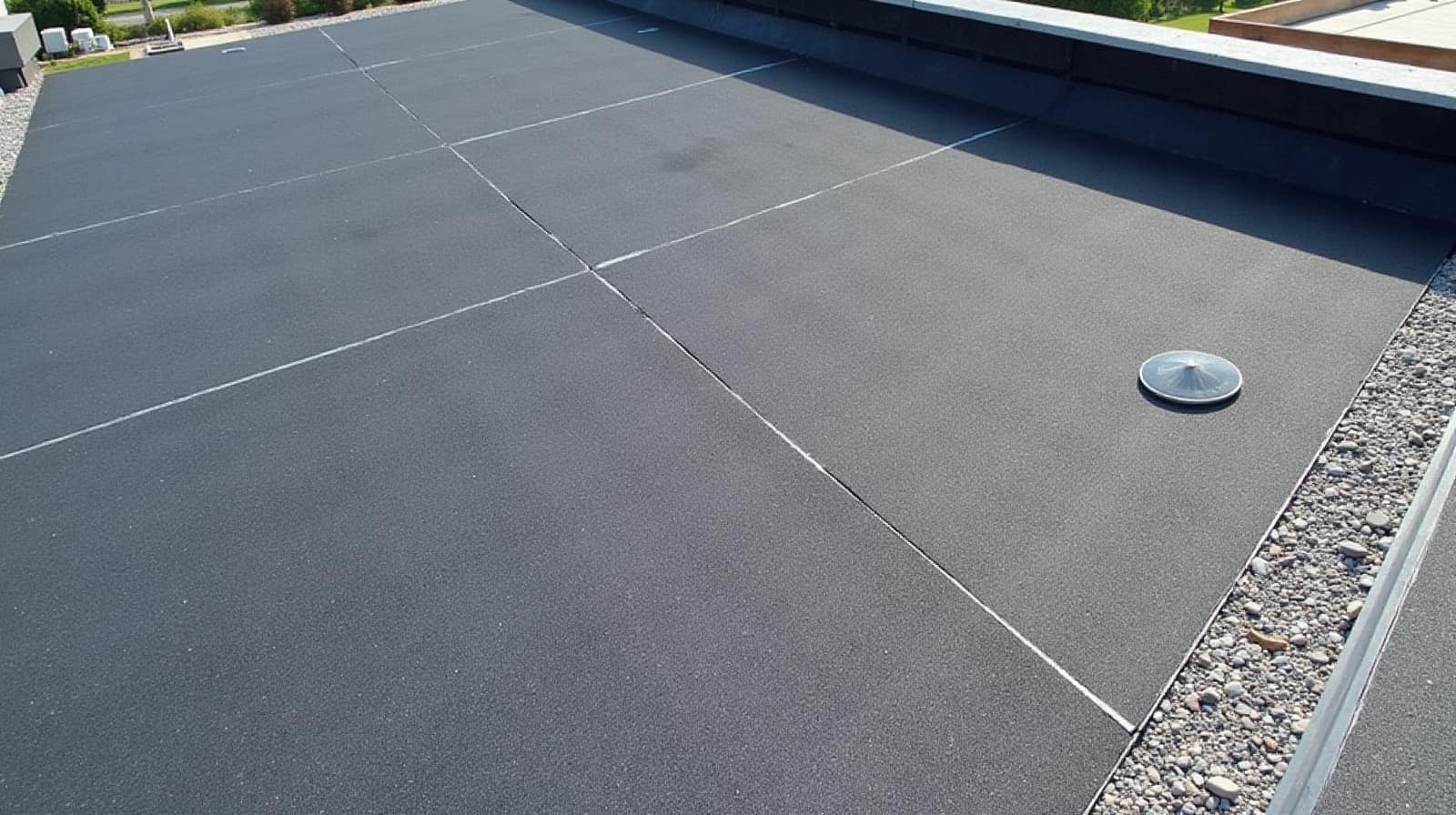 Toiture-terrasse vue de dessus, lés de membrane bitumineuse séparés par leurs recouvrements soudés, bande de gravillon et petit aérateur en rive