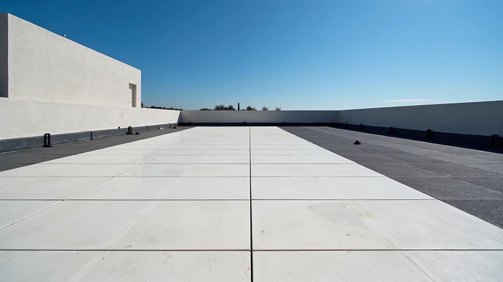 Dalles de béton claires posées sur plots au-dessus d'une membrane sombre, plots apparents en limite du dallage